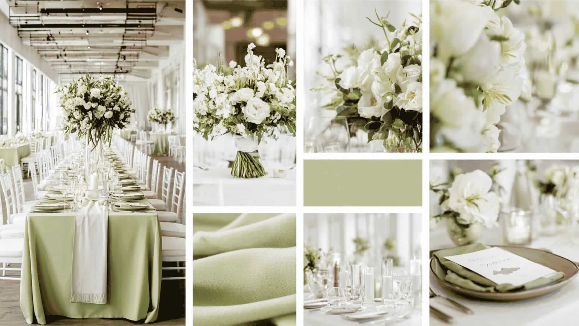 Pistachio green and white wedding decor with fresh florals and airy styling