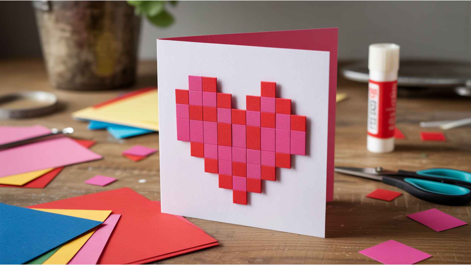 DIY Valentine’s card with retro 8-bit pixel heart made from small colored paper squares.