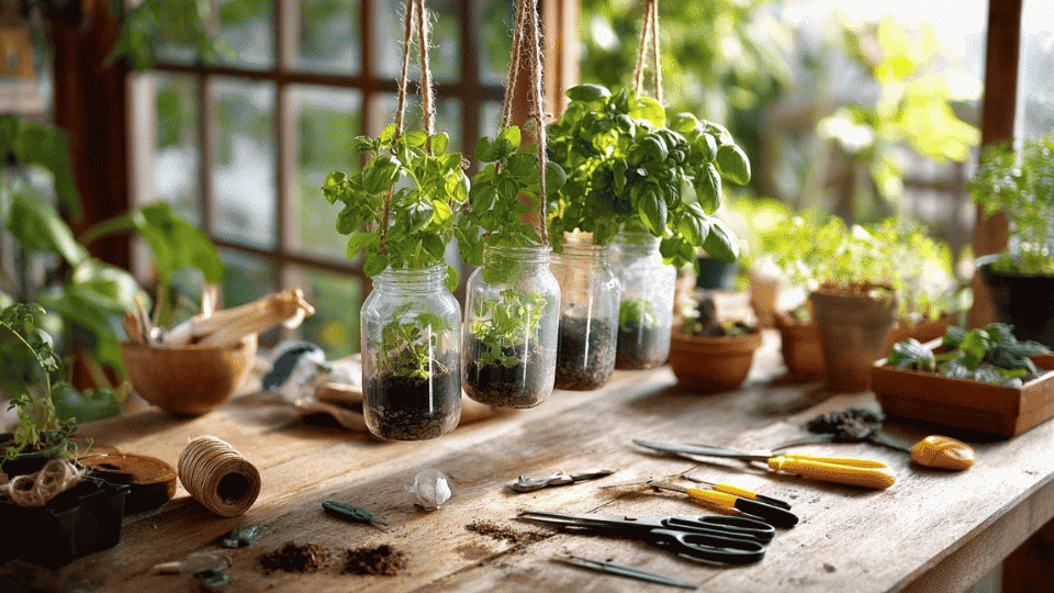 Plastic bottle herb garden on table with soil, string, and tools.