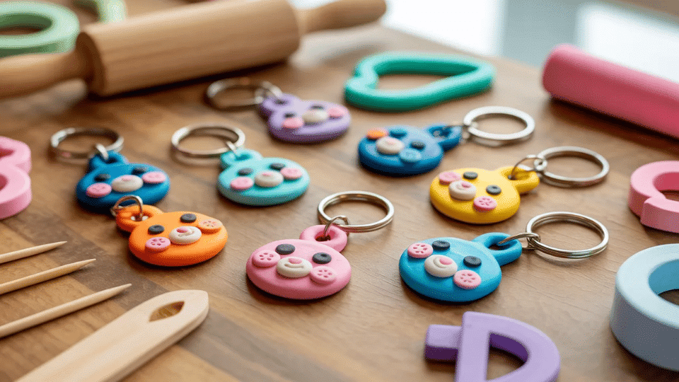 Polymer clay keychains on table with tools and cutters.
