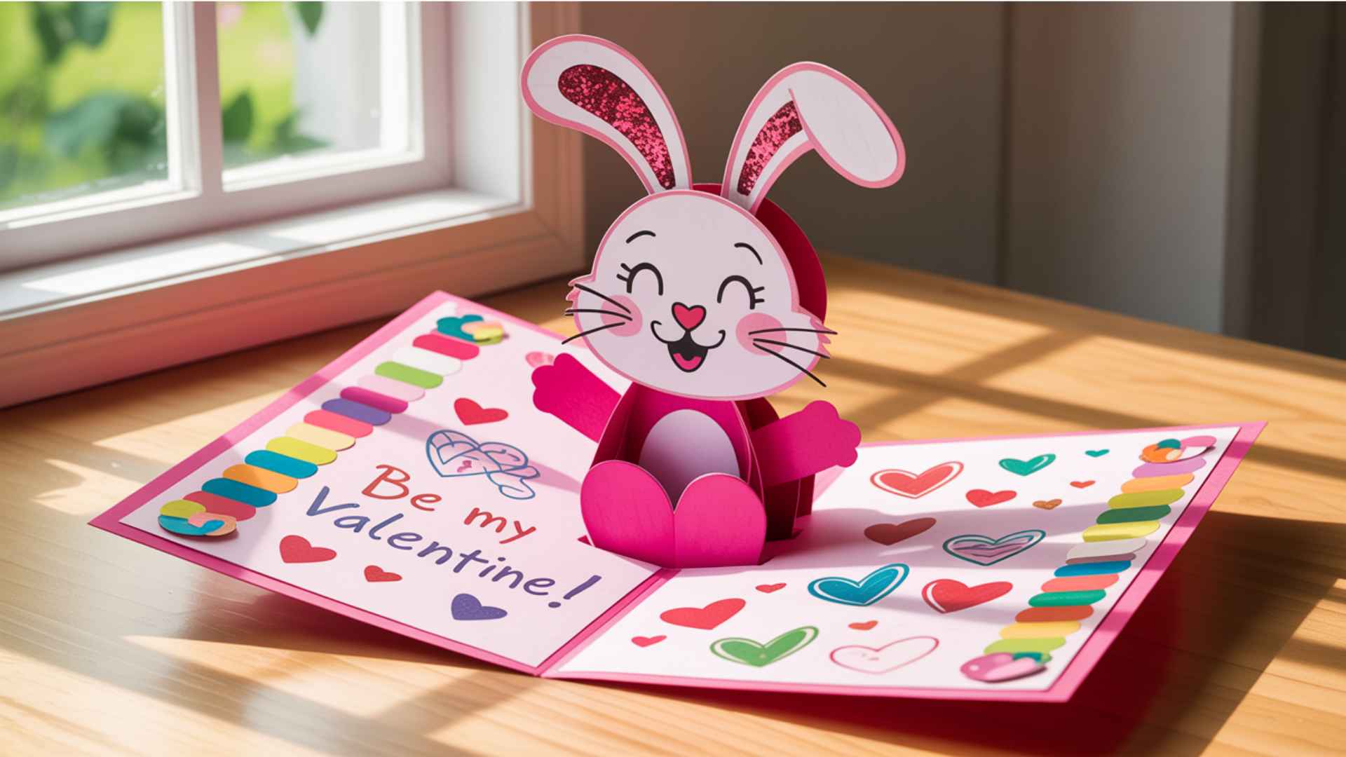 Handmade pop-up Valentine’s card featuring animals or characters that spring upward when opened.