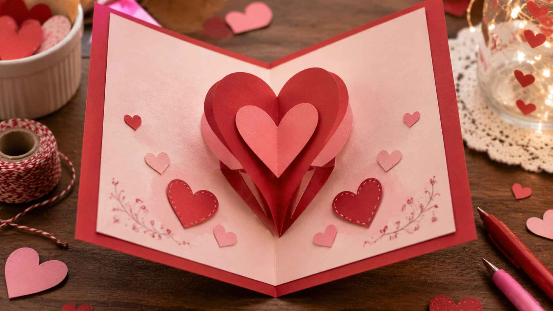 Handmade pop-up Valentine’s card with a heart rising when opened and decorative hearts around it.