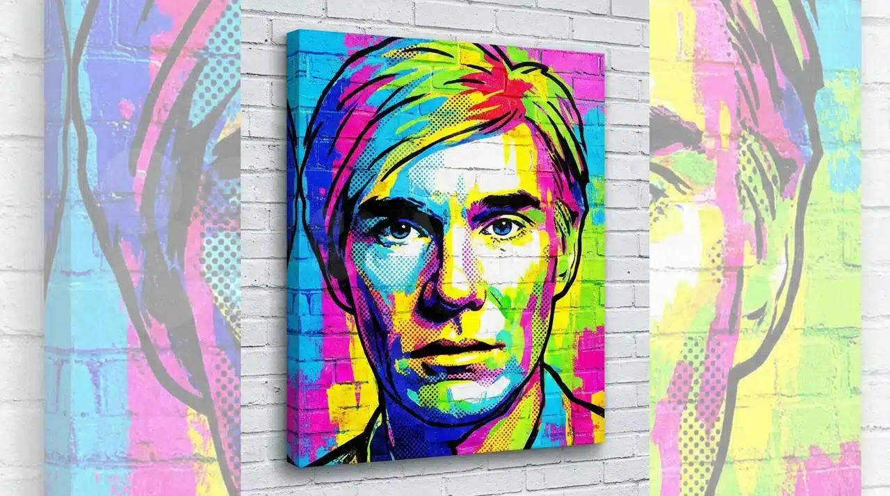 Bright pop art portrait on canvas with vibrant contrasting colors, modern style.