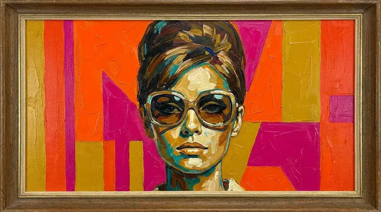 Colorful retro-style portrait painting with bold contrasts on a canvas.