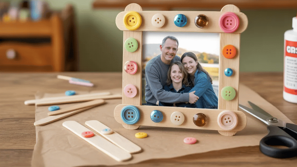 Popsicle stick photo frame on table with glue, beads, and tape.