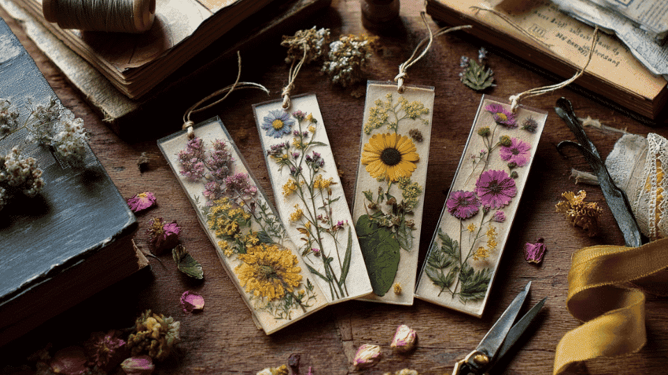 Pressed flower bookmarks on table with petals and scissors.