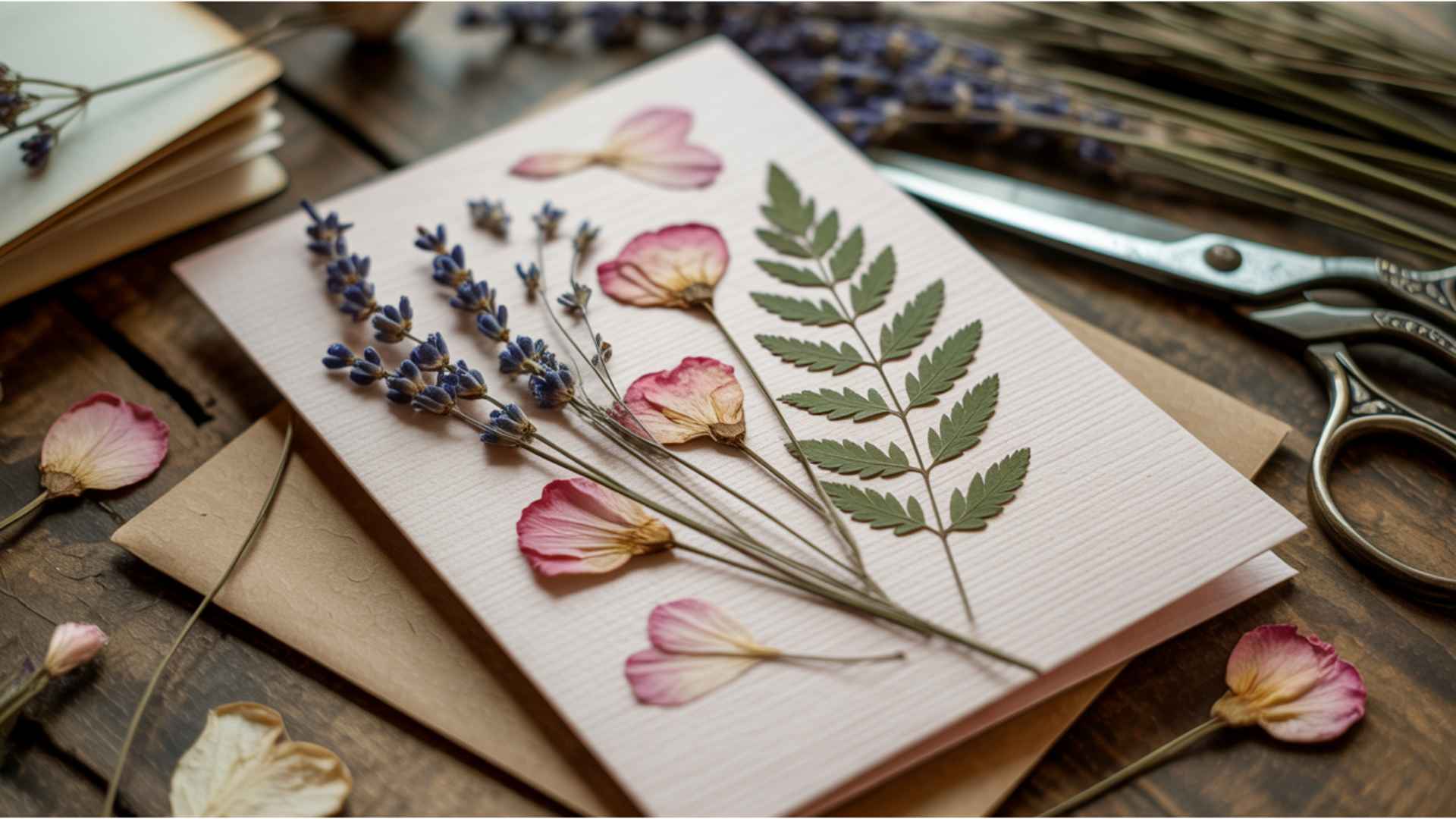 DIY Valentine’s card decorated with real dried pressed flowers and leaves for a delicate finish.