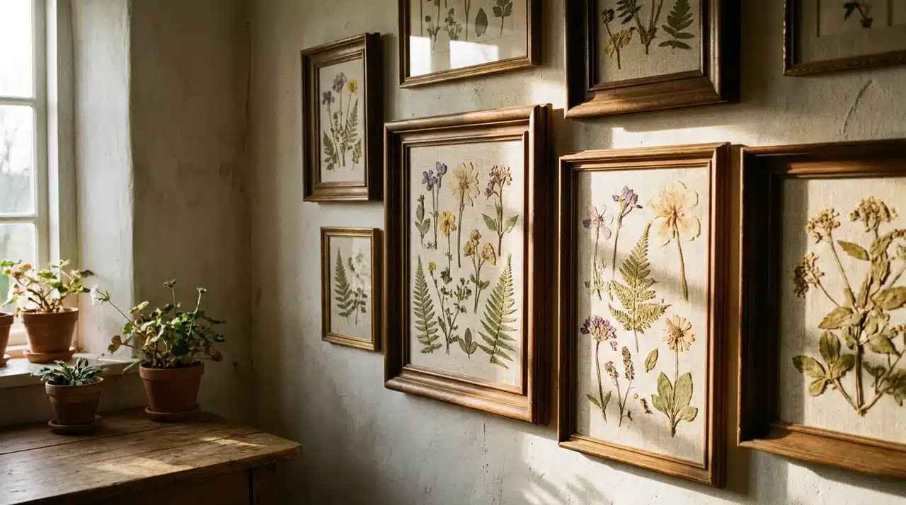 Multiple framed pressed flowers displayed on a wall in natural sunlight.