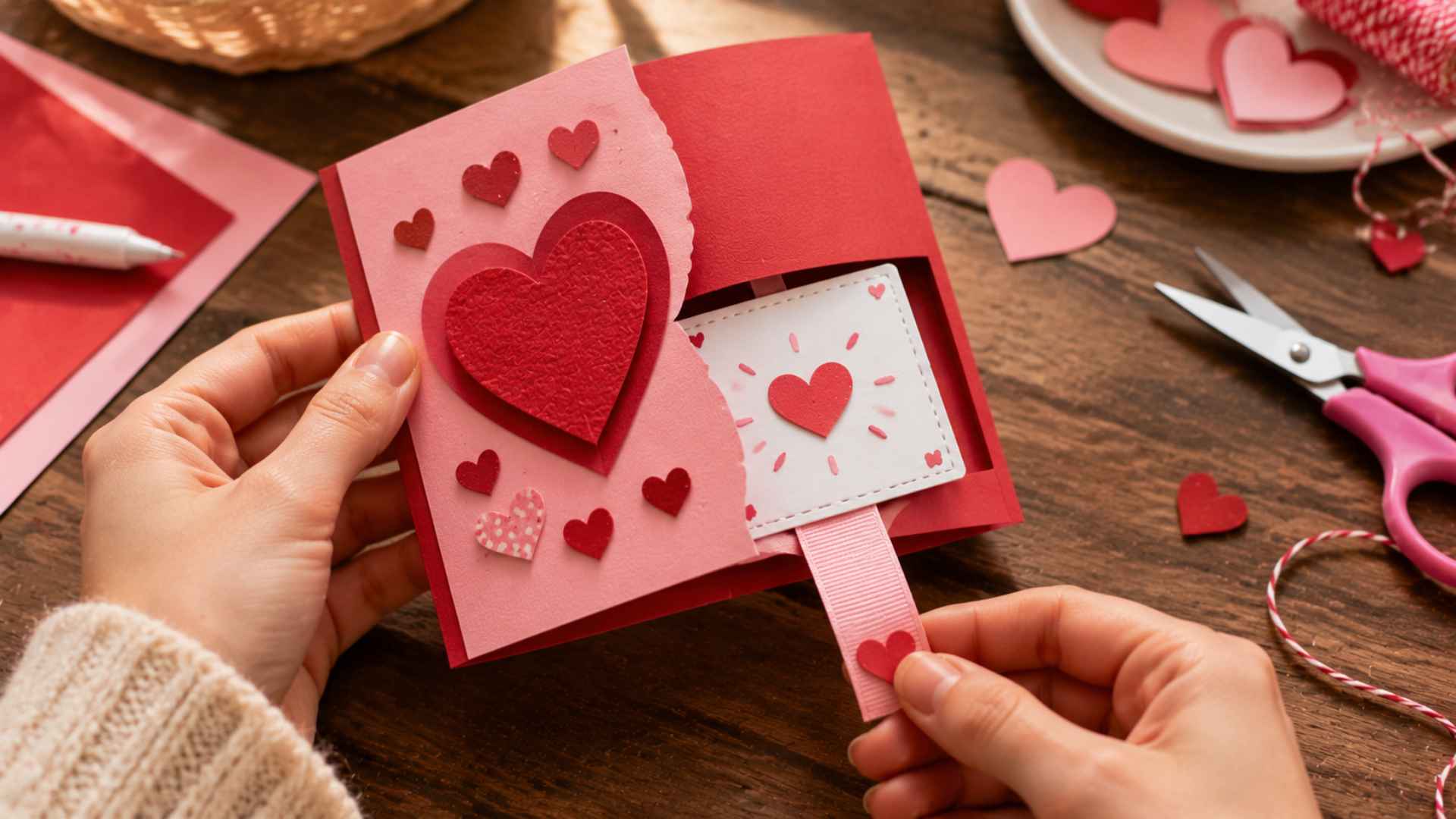 DIY Valentine’s card with a hidden message revealed by pulling a tab or ribbon.
