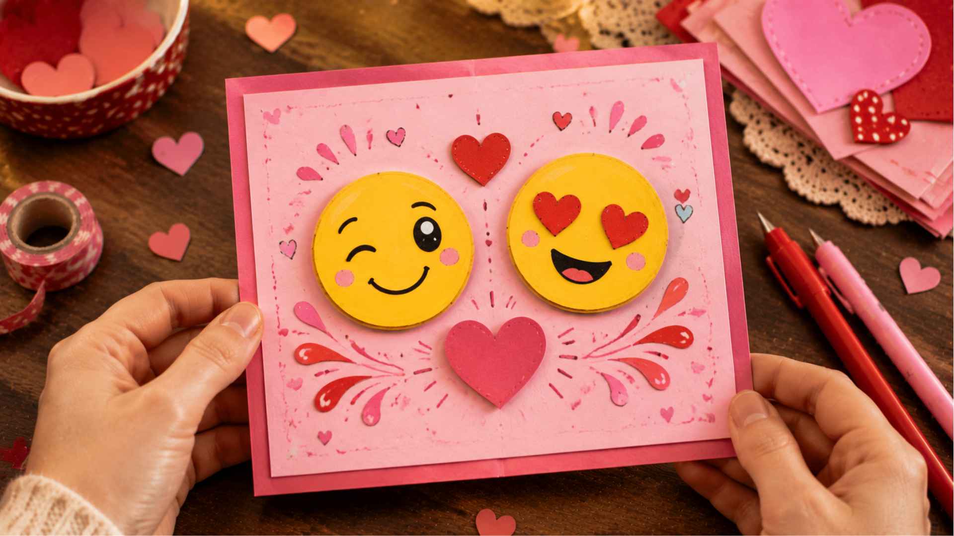Handmade Valentine’s card combining emoji doodles with witty love-themed puns for a playful design.