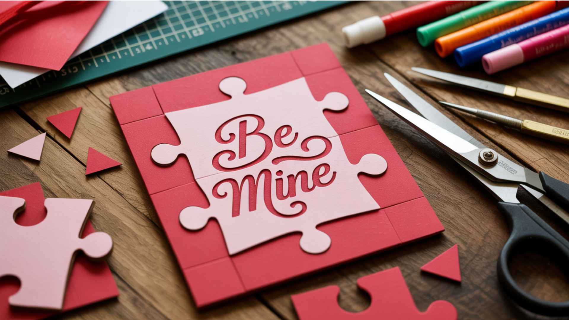 DIY Valentine’s card cut into puzzle pieces revealing a hidden message when assembled.