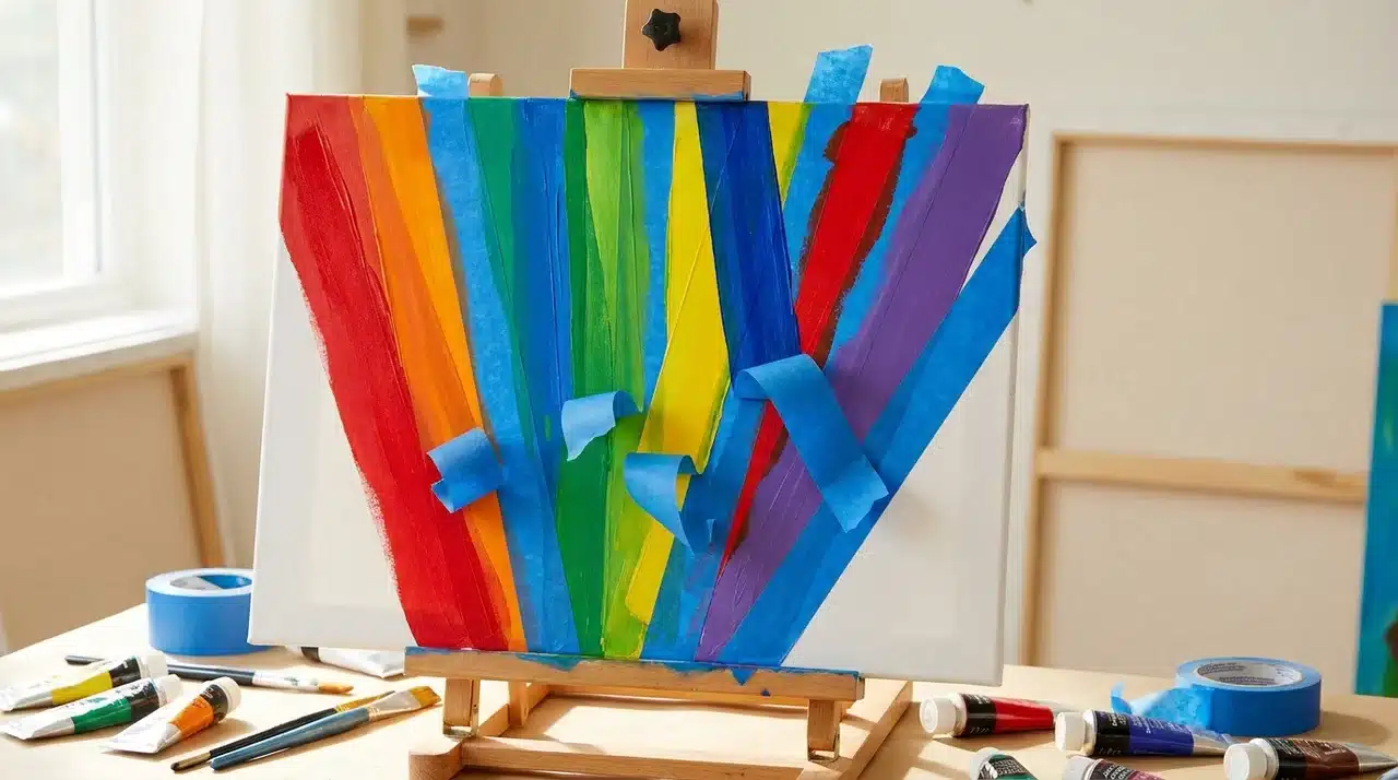 Canvas with vertical rainbow color stripes painted with painter’s tape.