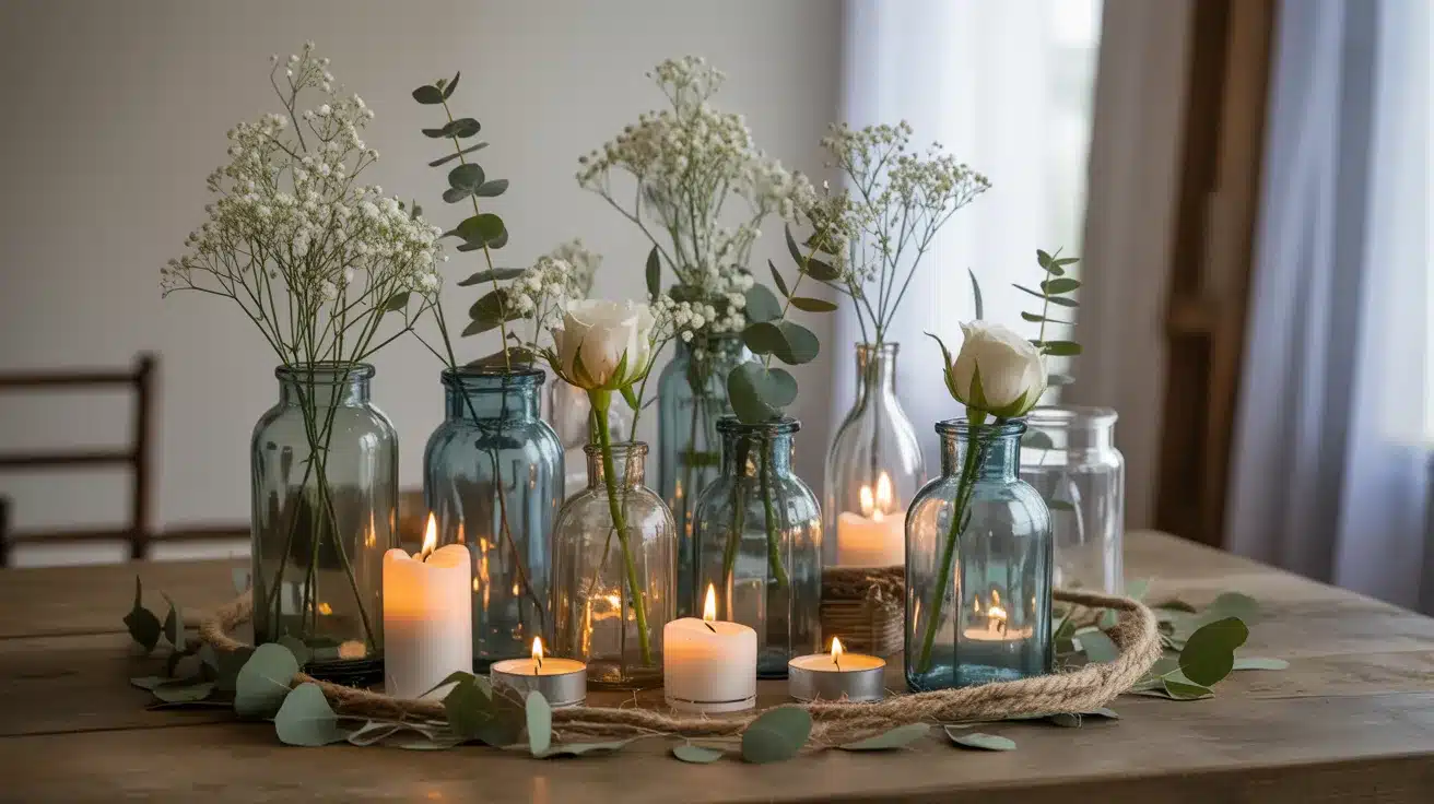 Recycled glass bottles and jars centerpiece
