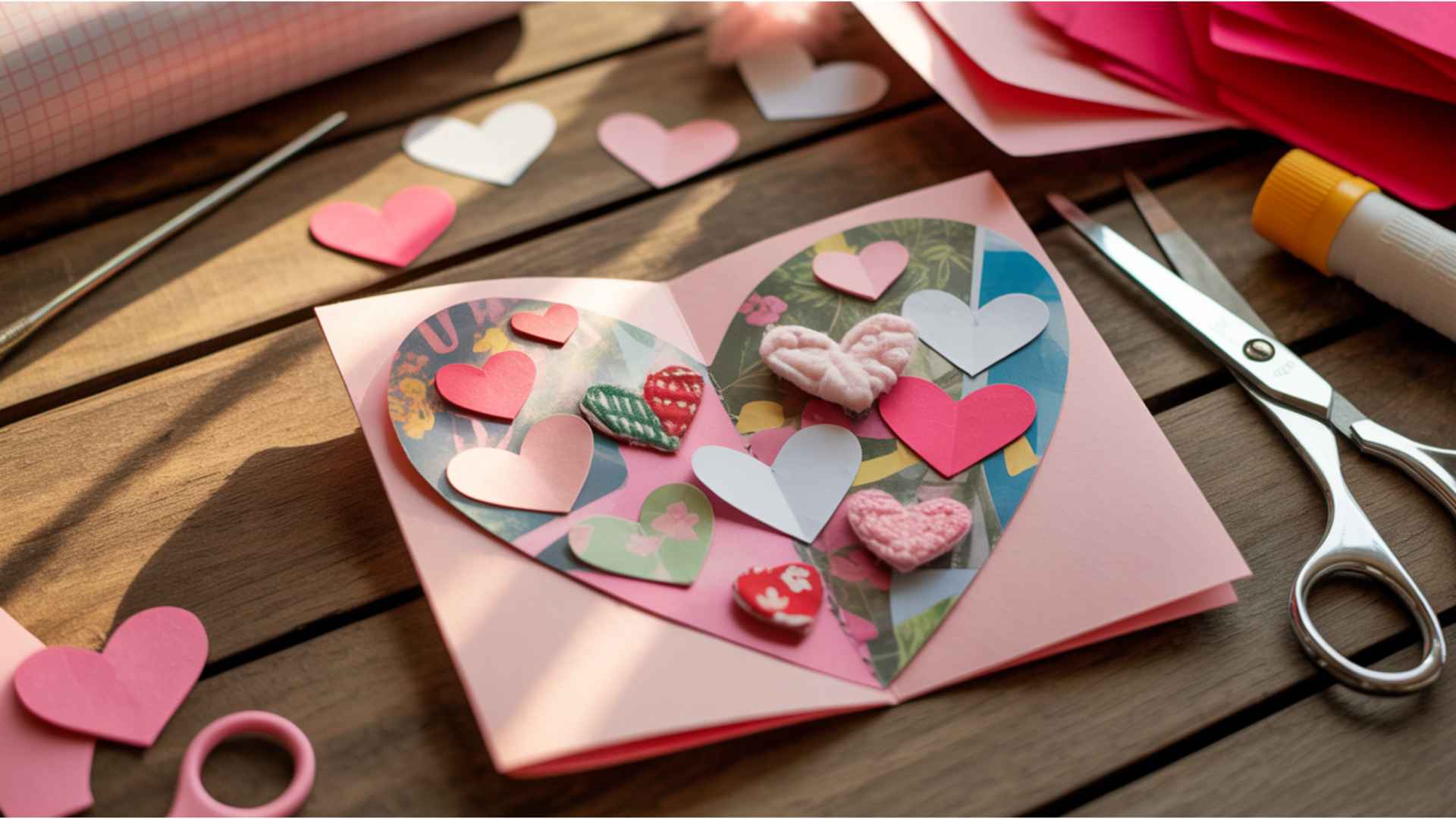 Eco-friendly handmade Valentine’s card using magazine, fabric, and tissue paper scraps in a collage design.