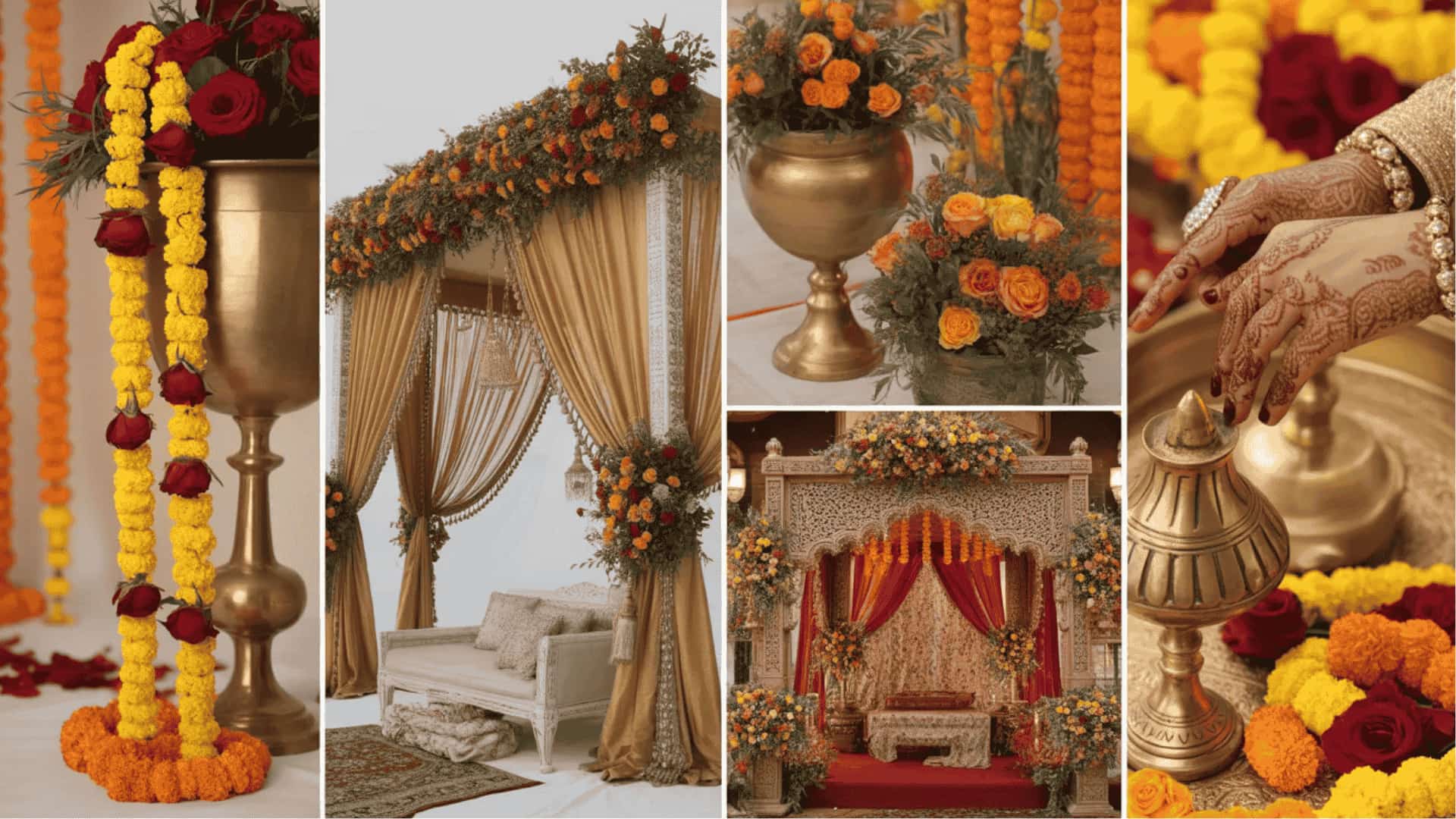 Red and gold South Asian wedding decor with marigolds, mandap, and rich details
