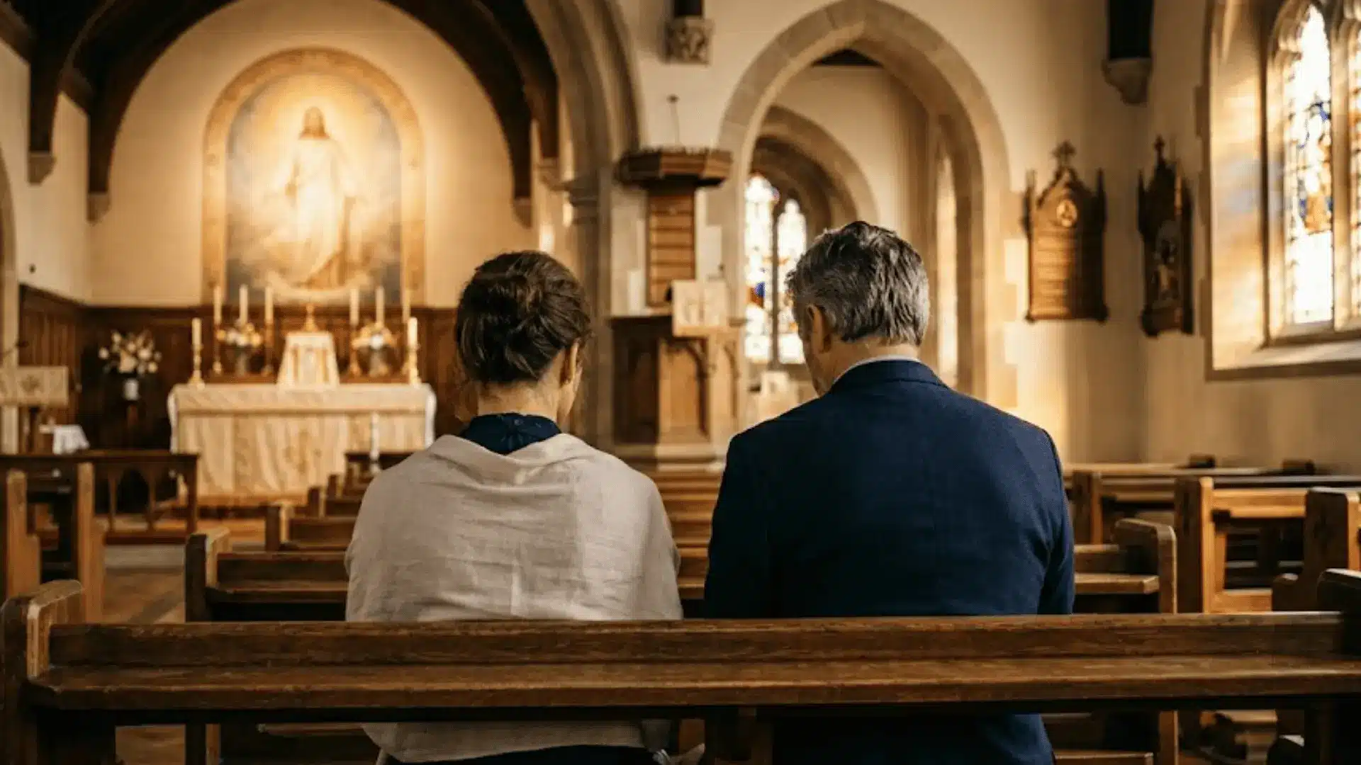 Backside view of a married couple praying together in a church before Jesus.