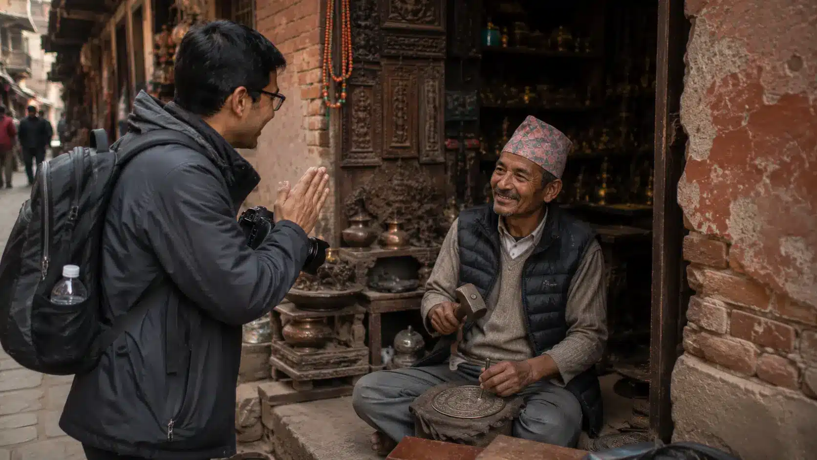 Respectful interaction before taking a photo in a cultural setting