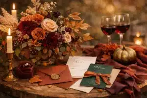 Romantic fall wedding flat lay with burgundy and orange florals, candles, stationery, and gold details on a wooden table.