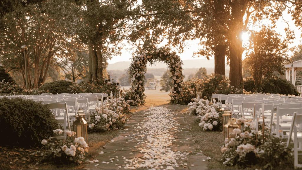 Outdoor wedding aisle with floral arch, white chairs, golden sunset light