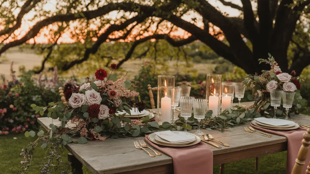 Romantic garden wedding table at sunset with wine red and dusty rose florals, glowing candles, and lush greenery