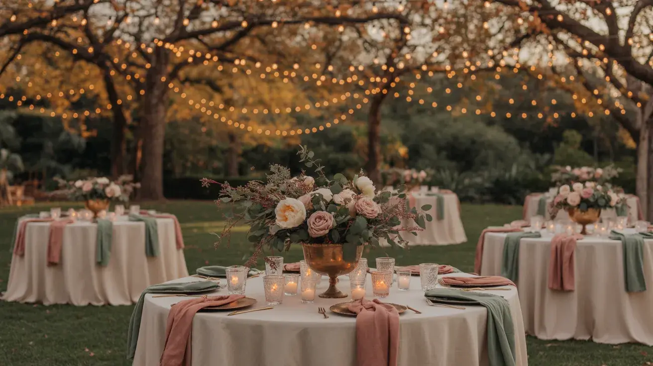 Romantic outdoor reception with round tables, blush and green linens, floral centerpieces, and string lights