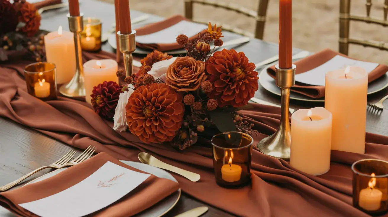 Rust-toned fall wedding table setting with dahlias, candles, and gold accents arranged on a flowing fabric runner