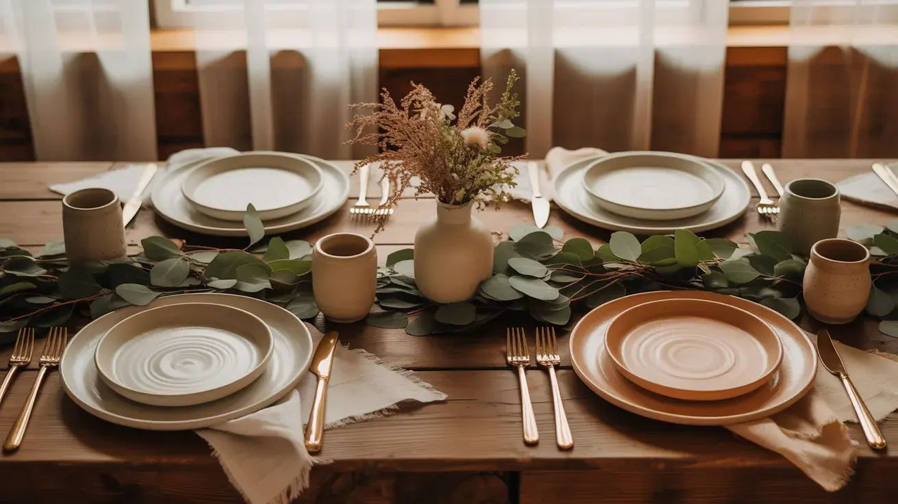 Rustic dining table setup with neutral plates, gold cutlery, and eucalyptus greenery centerpiece by a window
