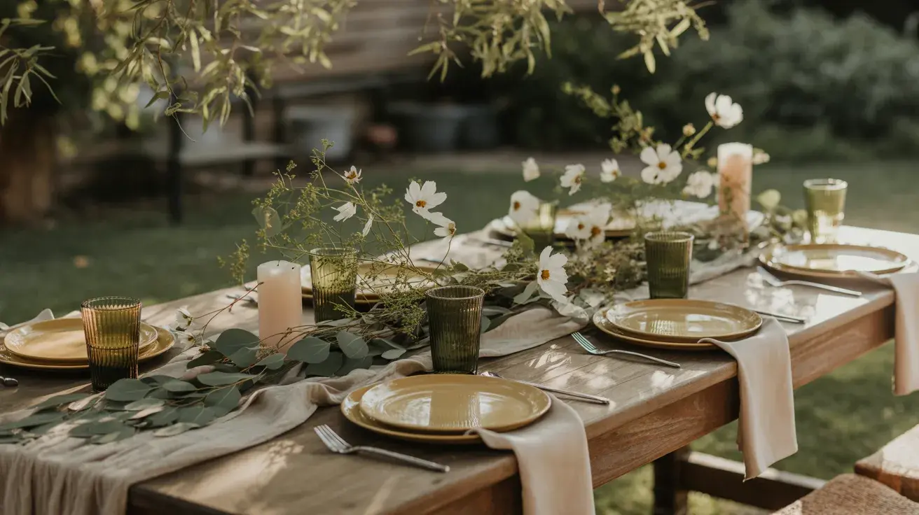 Rustic outdoor table set with mustard plates, olive glassware, neutral linen, and wild greenery