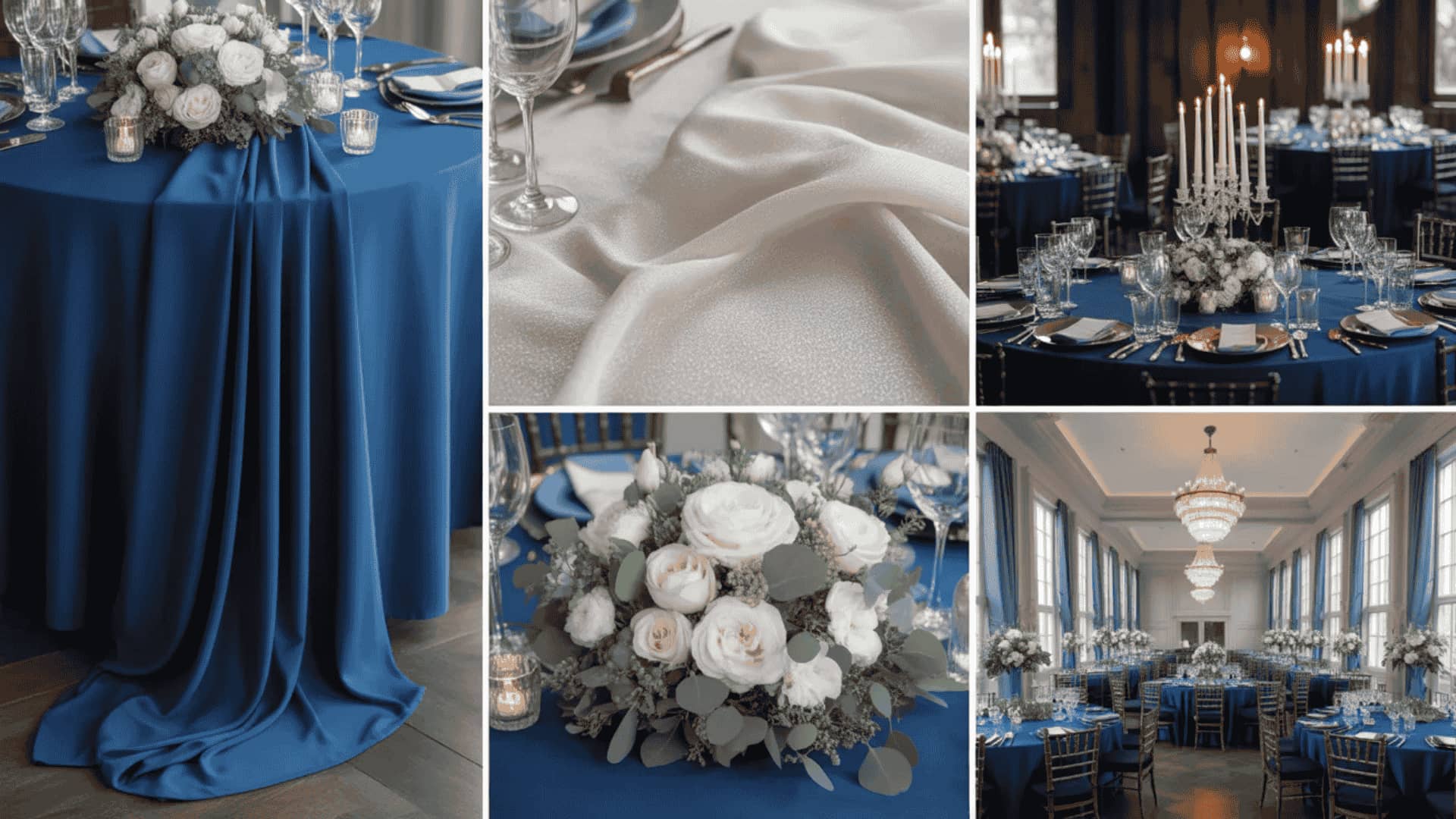 Sapphire blue and pearl wedding decor with linens, glassware, and elegant setup