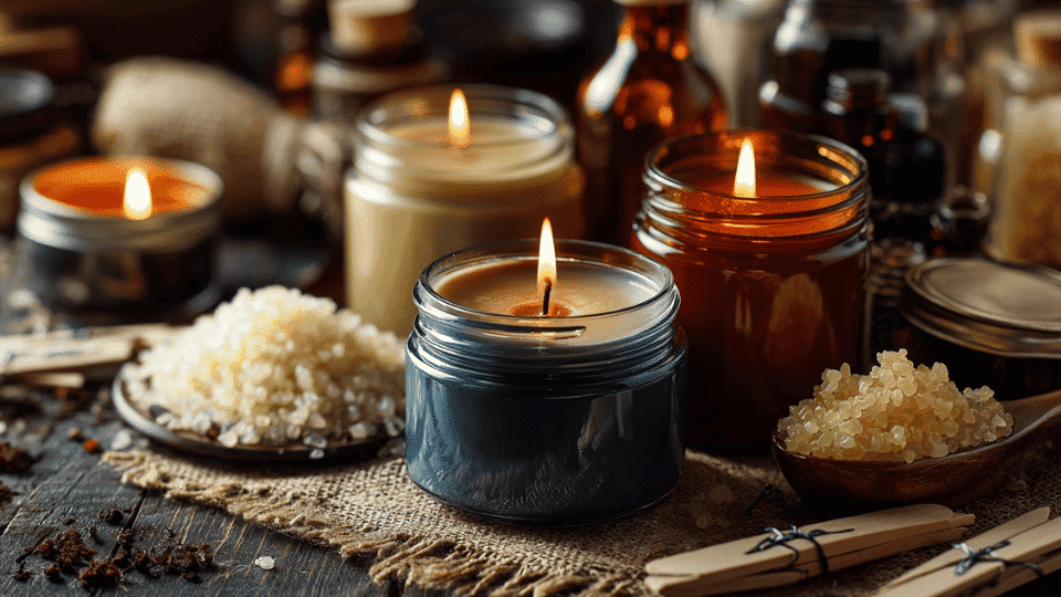 Scented candles on table with wax flakes and fragrance oils.