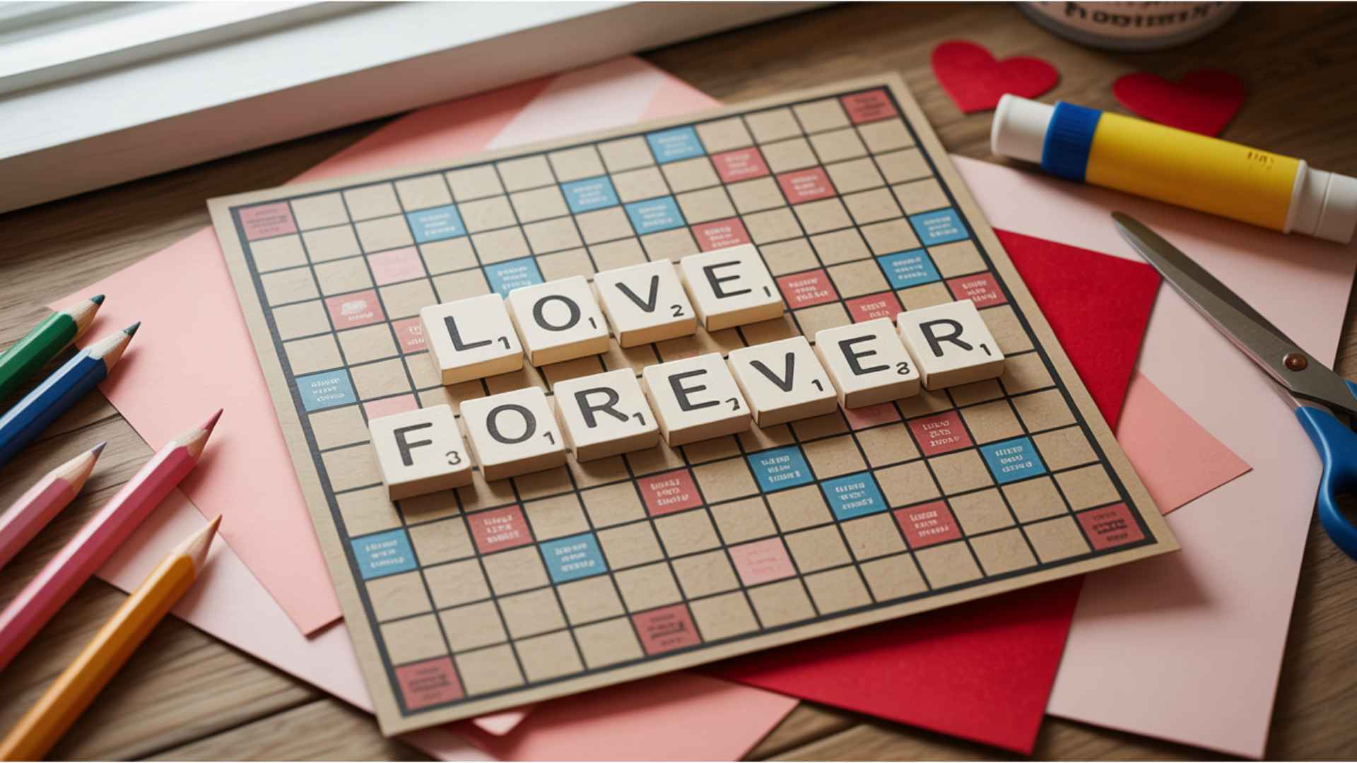 Handmade Valentine’s card styled like a Scrabble board with love and forever tiles.