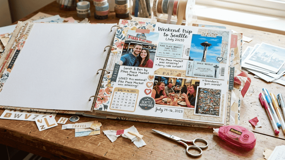 Scrapbook page on table with photos, pens, and glue.