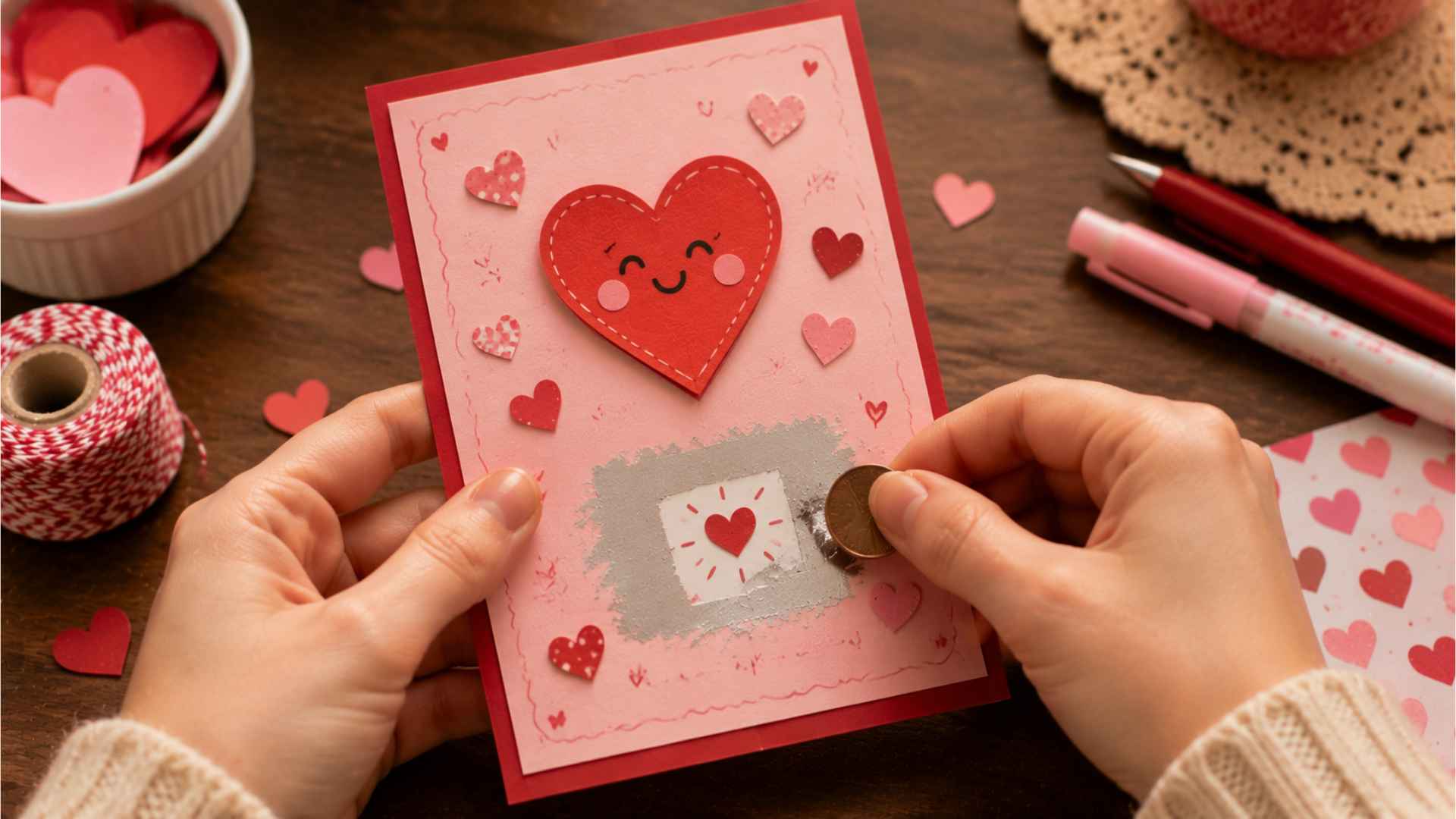 Cute homemade Valentine’s card with scratch-off coating covering a hidden love note.