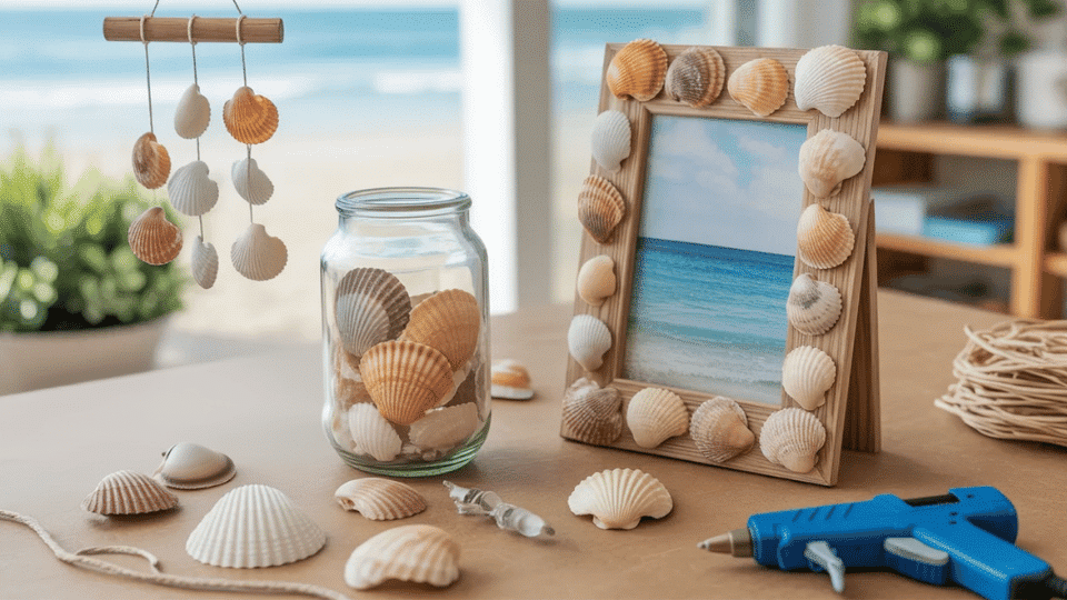 Seashell crafts on table with glue gun and shells.