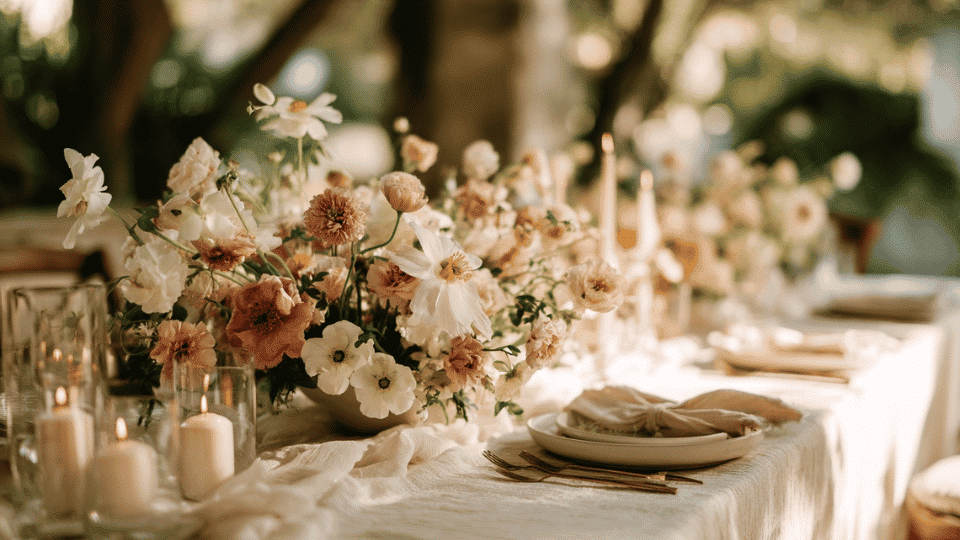 Wedding reception table styled with fresh seasonal flowers and candlelight