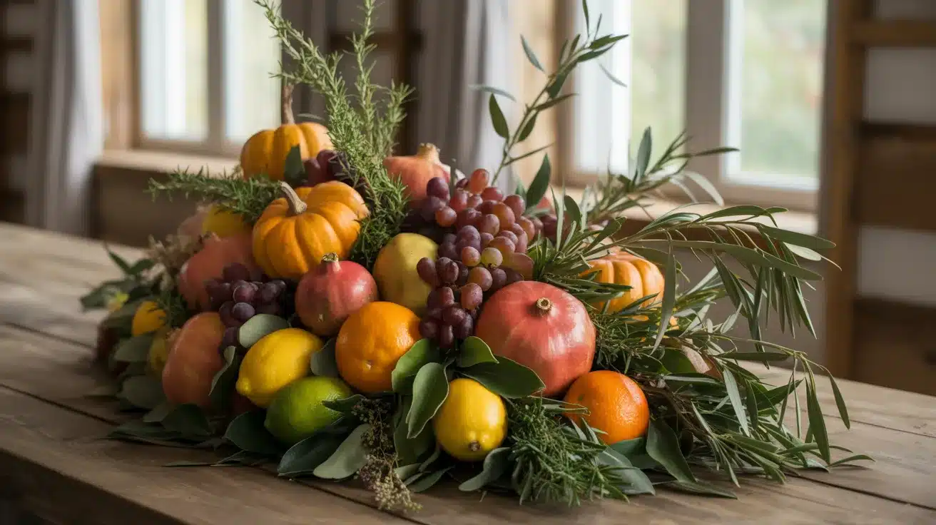 Seasonal produce centerpiece with fresh greenery