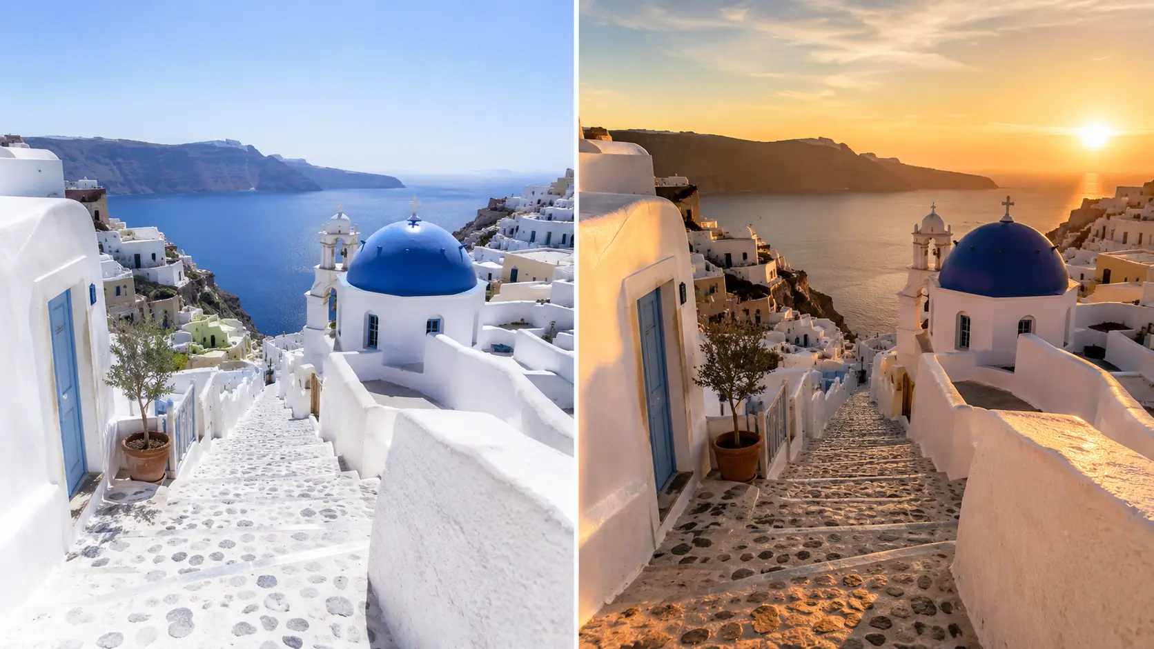 Side-by-side comparison of harsh midday light vs soft golden hour light