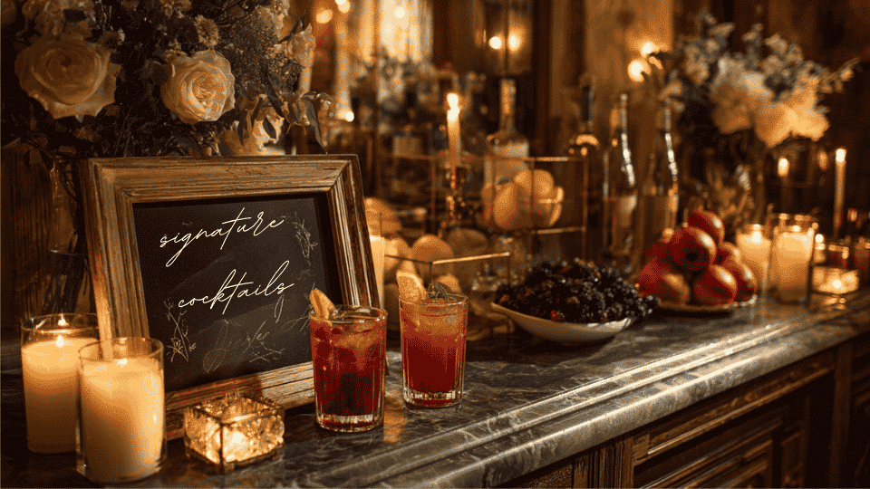 Wedding cocktail station with custom drinks, candles, flowers, and chalkboard menu