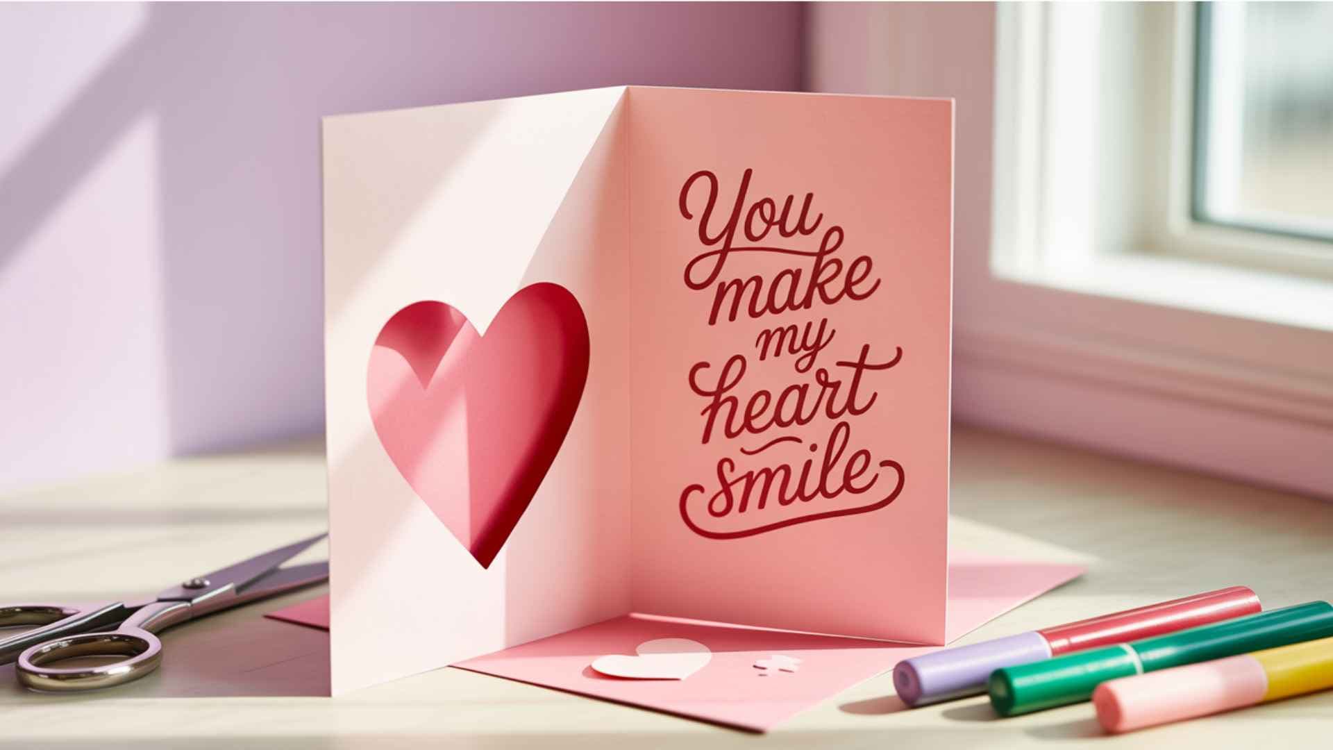 Folded DIY Valentine’s card with a single heart cutout and handwritten love message inside.