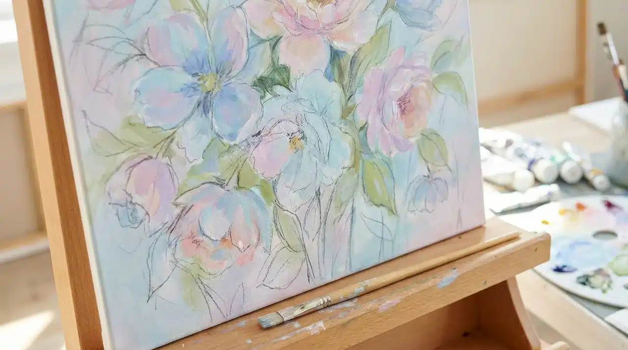 Canvas with soft hand-painted flowers and leaves, light pastels, brushes nearby.
