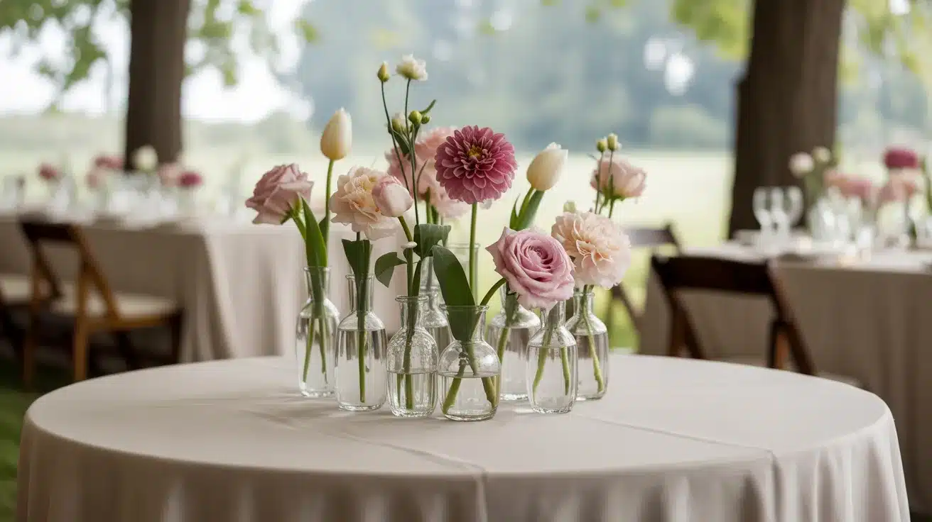 Single-stem flower bud vases grouped on wedding table