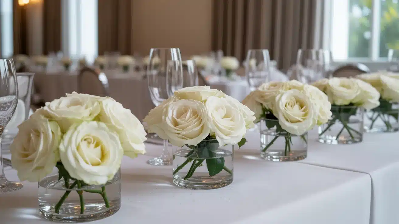 White rose mini arrangement in low vase