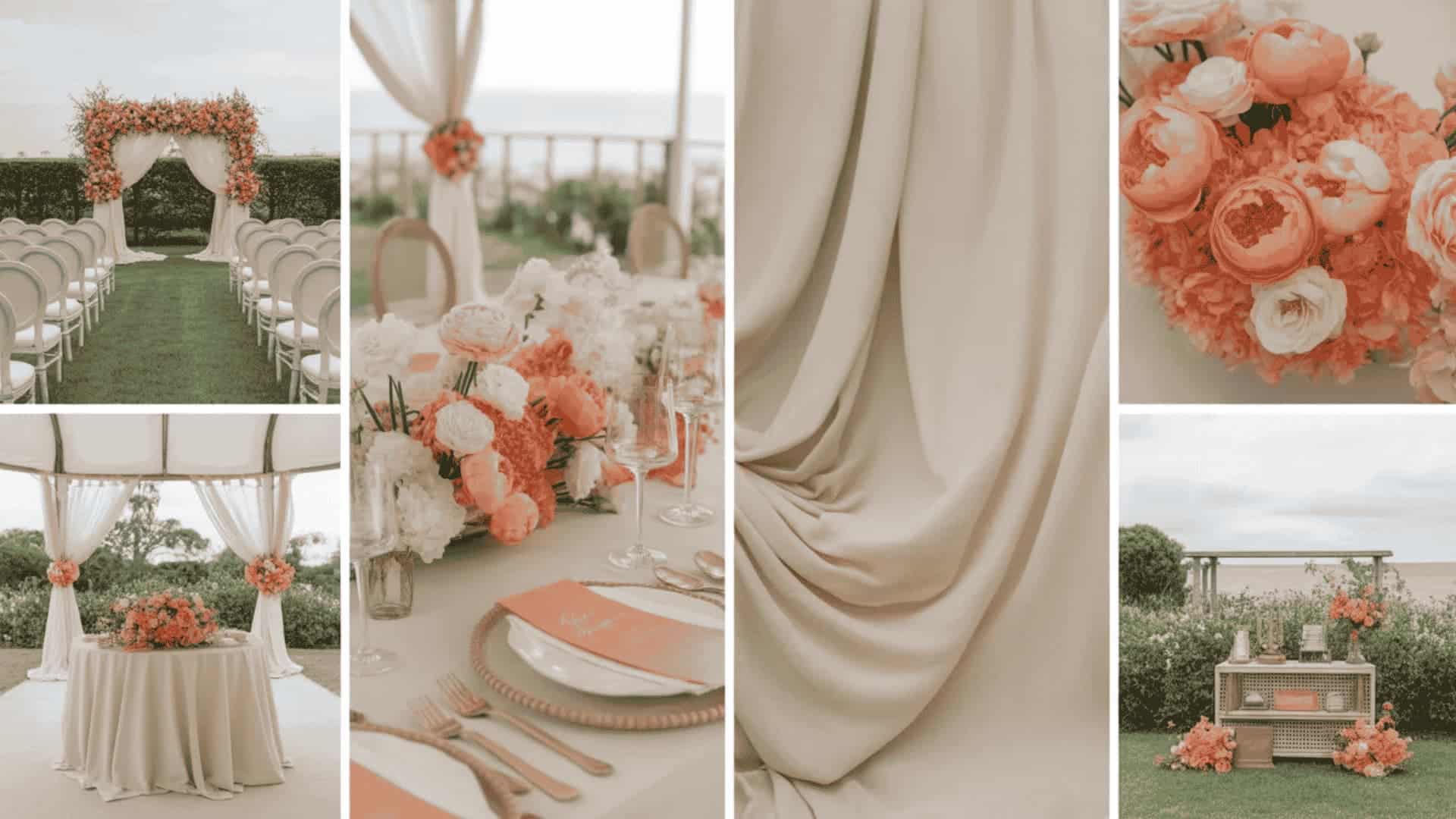Soft coral and cream wedding decor with florals, linens, and coastal styling