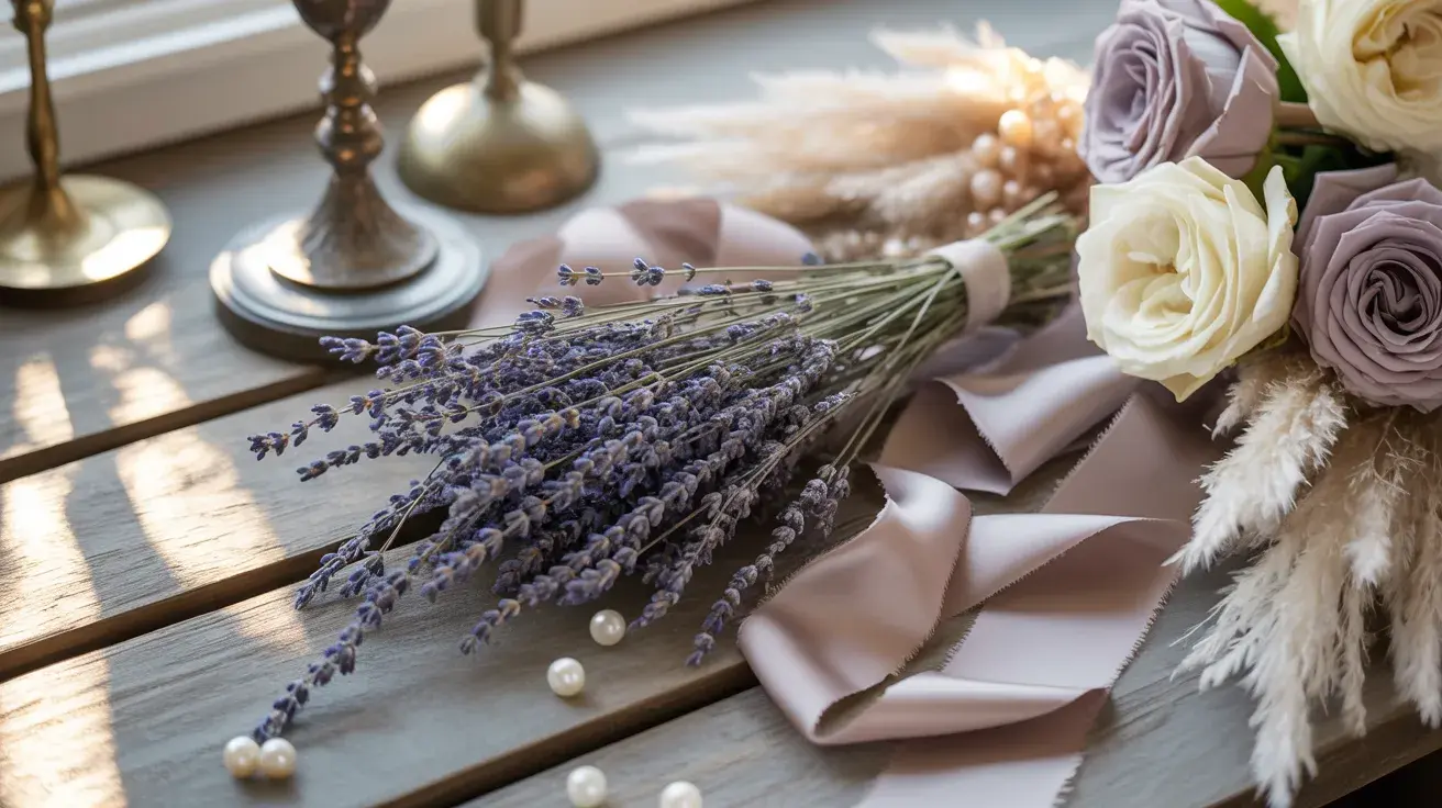 Soft romantic bouquet with lavender, blush and ivory roses, silk ribbon, and delicate pearls