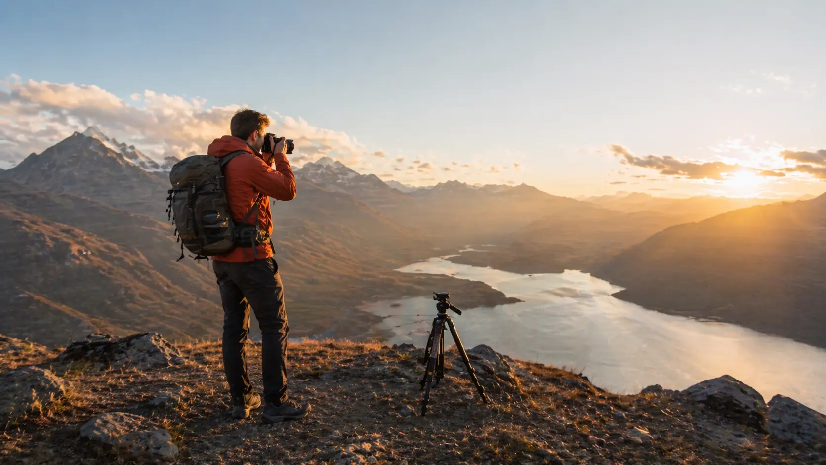 Solo traveler photographing mountain landscape at sunset with tripod nearby