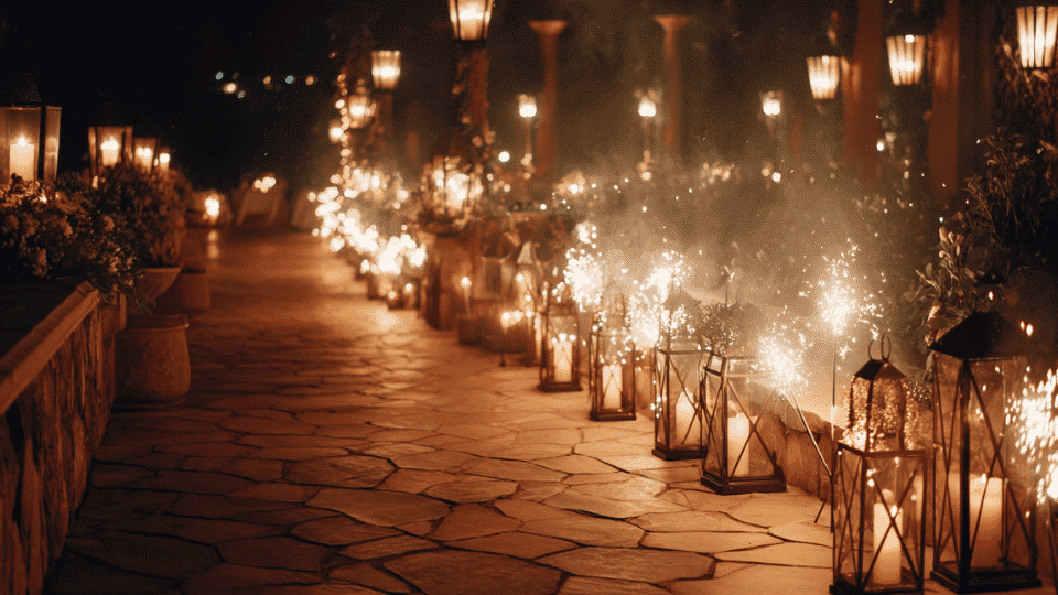 Romantic wedding sparkler exit setup with glowing lights along a nighttime pathway