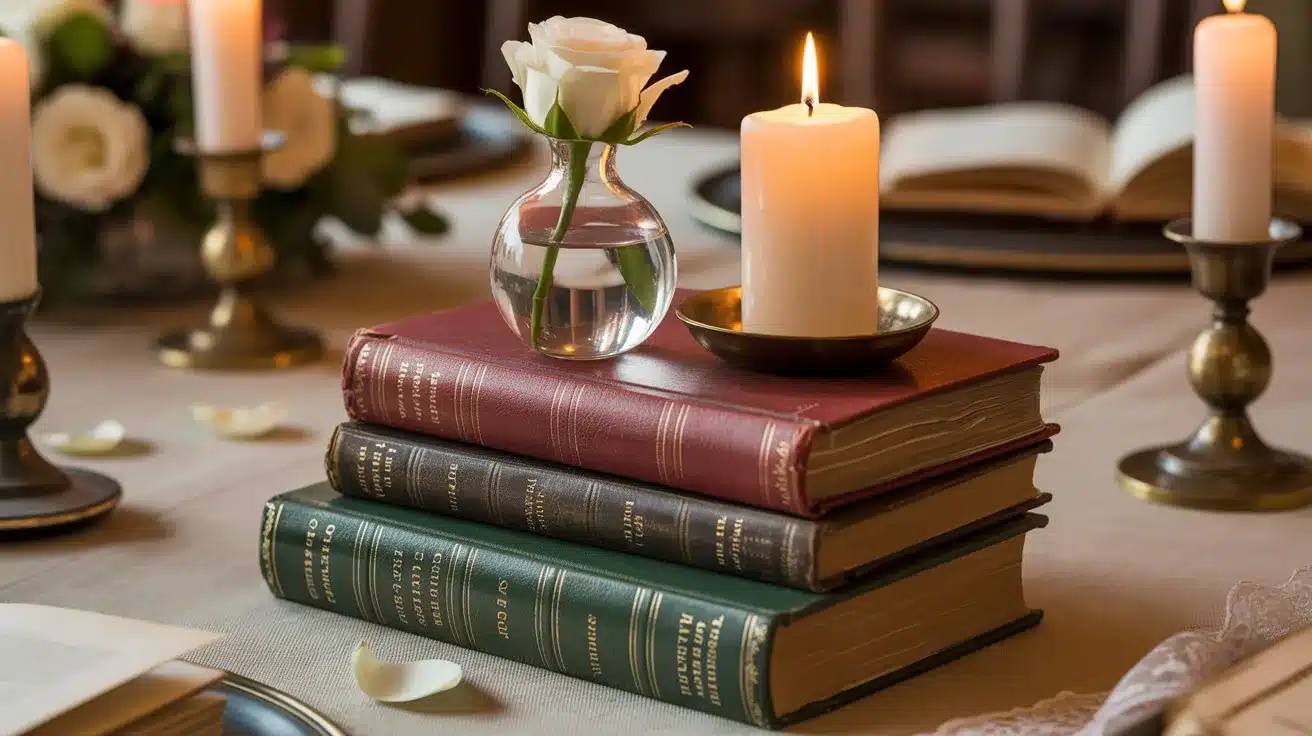 Vintage book stack centerpiece with flowers