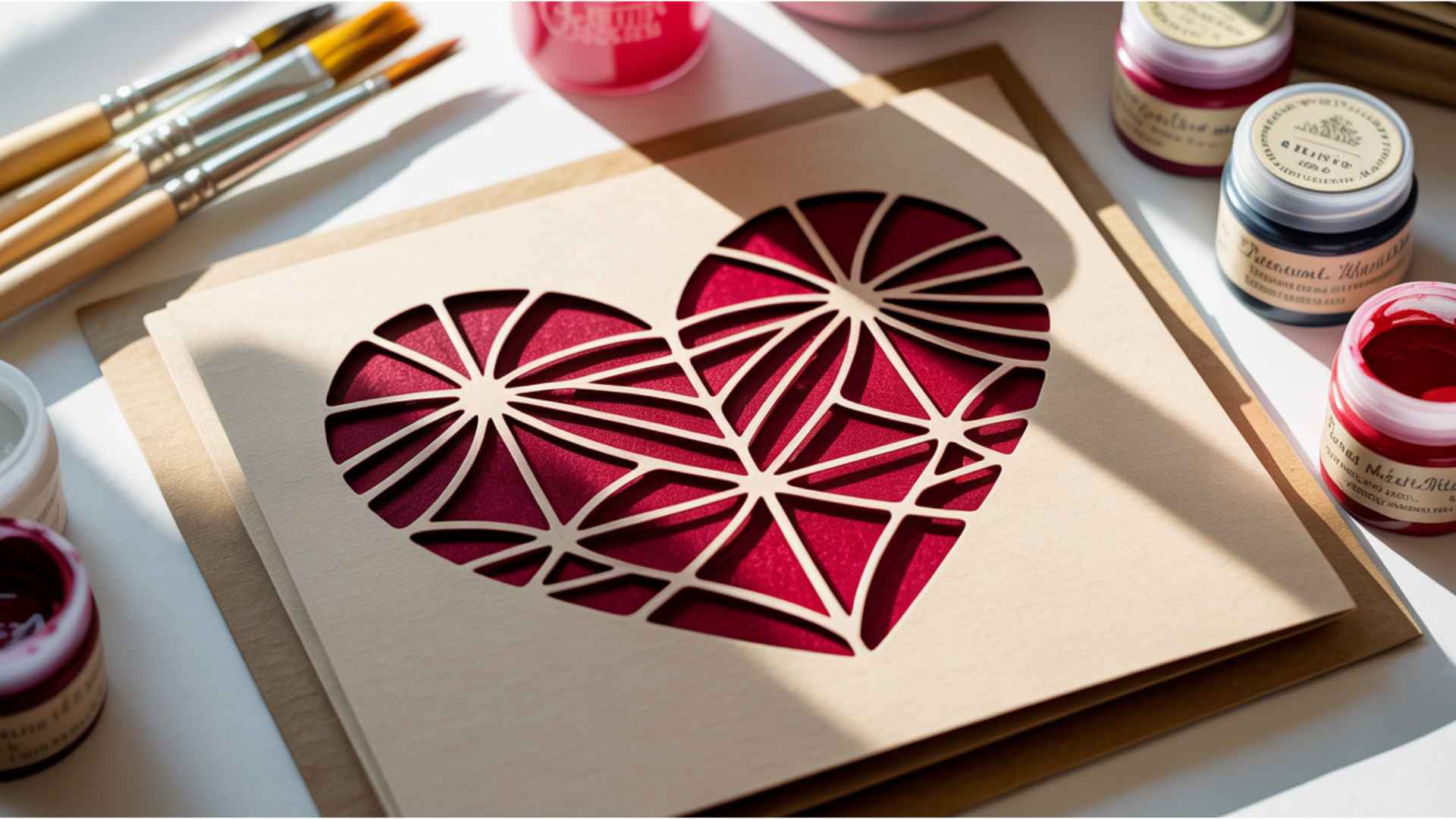 Handmade Valentine’s card with heart or decorative stencil patterns applied with paint or ink.