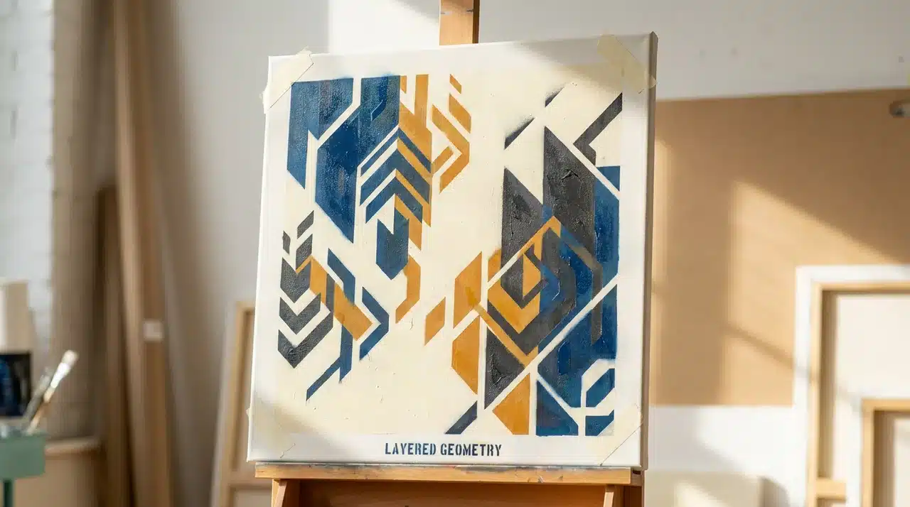 Canvas with clean layered stencil patterns in neutral tones, studio setting.