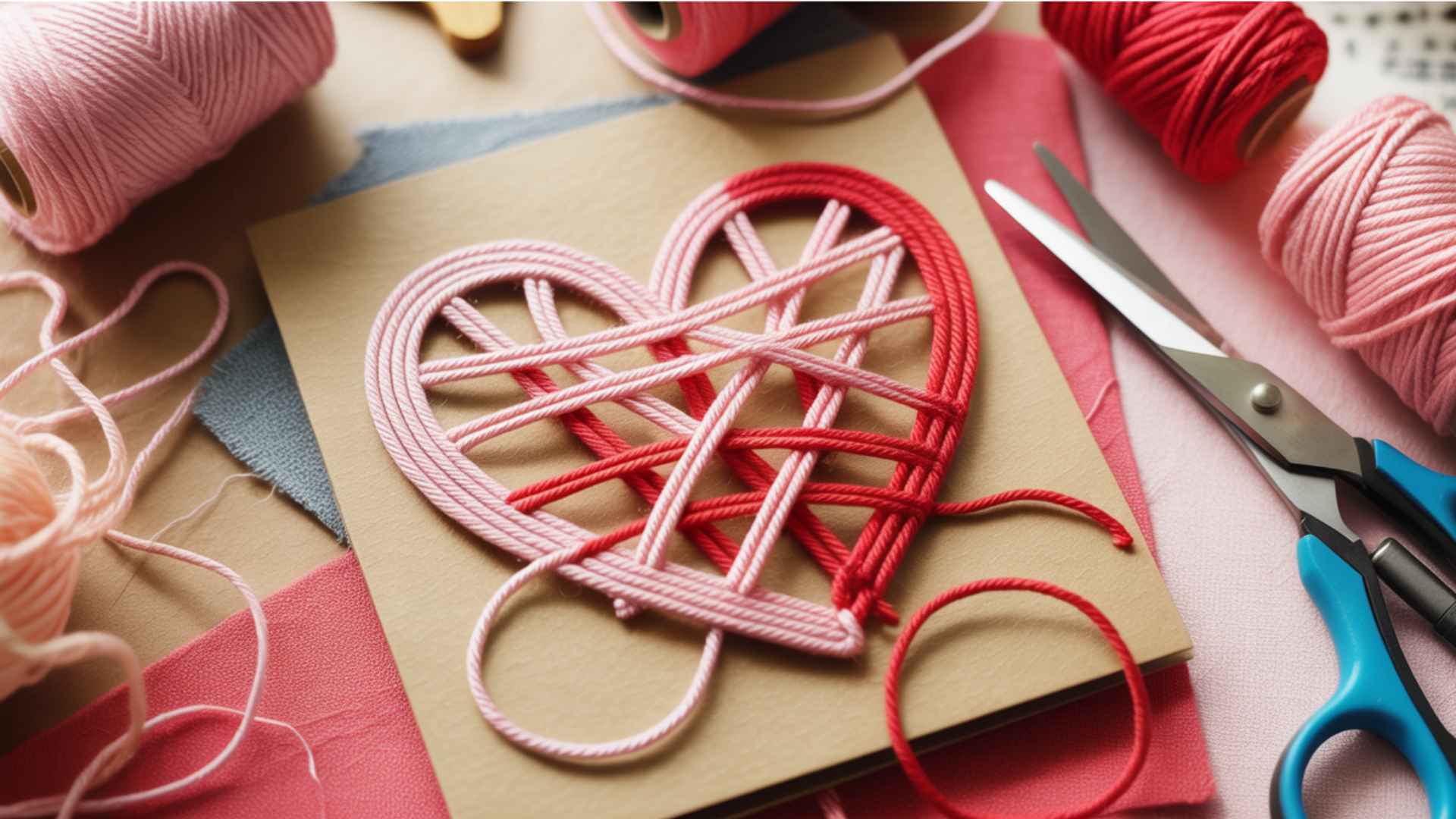 Handmade Valentine’s card with thread or yarn arranged to form a textured heart shape.